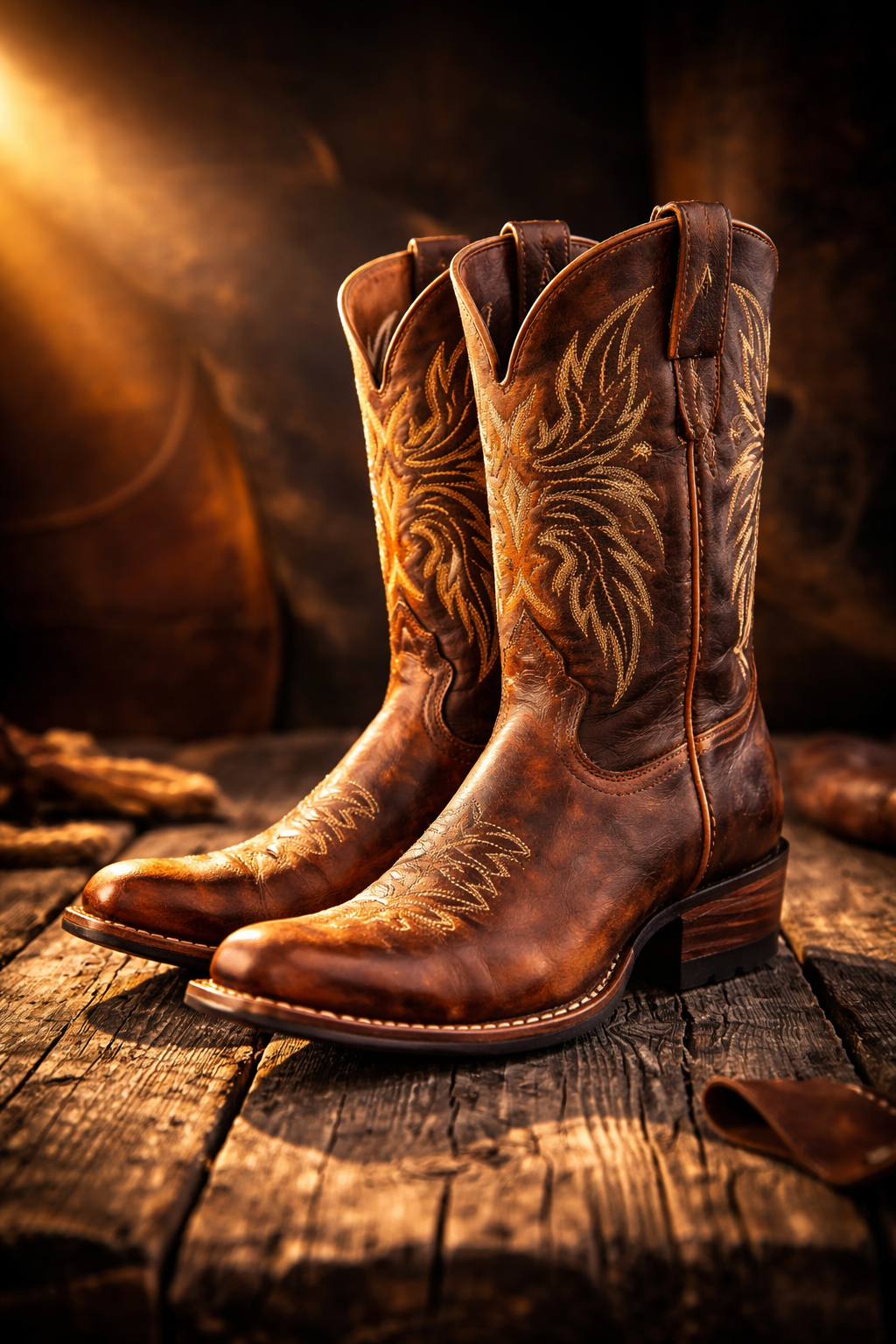 Premium western cowboy boots on aged barnwood